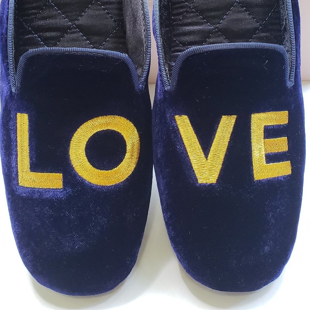 Navy Blue Velvet Slippers with Gold Lettering NWT - Picture 2 of 10